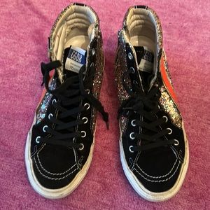 GGDB GOLDEN GOOSE MULTICOLOR GLITTER SLIDE SNEAKERS  WOMENS SIZE 38